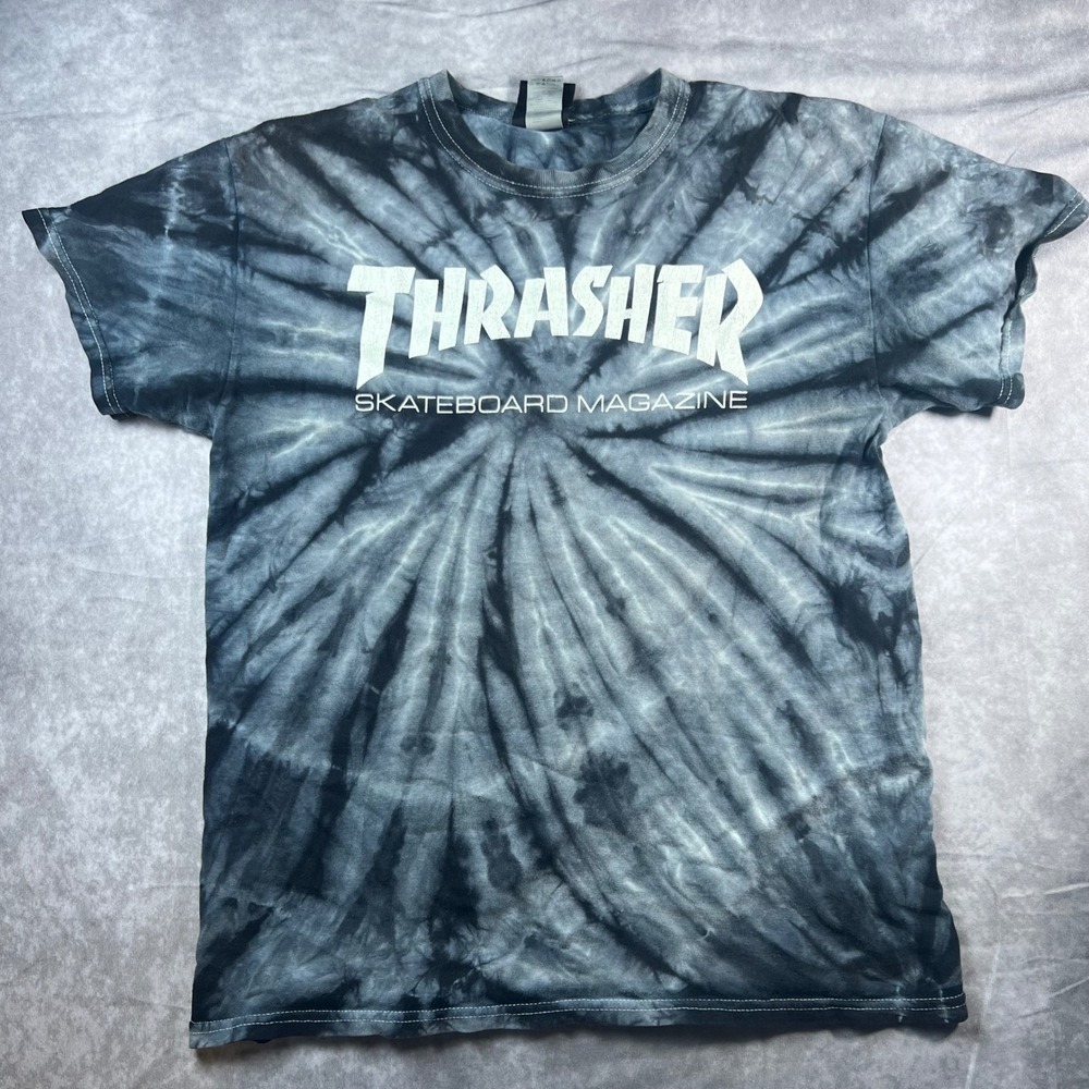 Thrasher Skateboard Magazine T-Shirt Mens Small Black Grey Tie Dye Spiral Logo